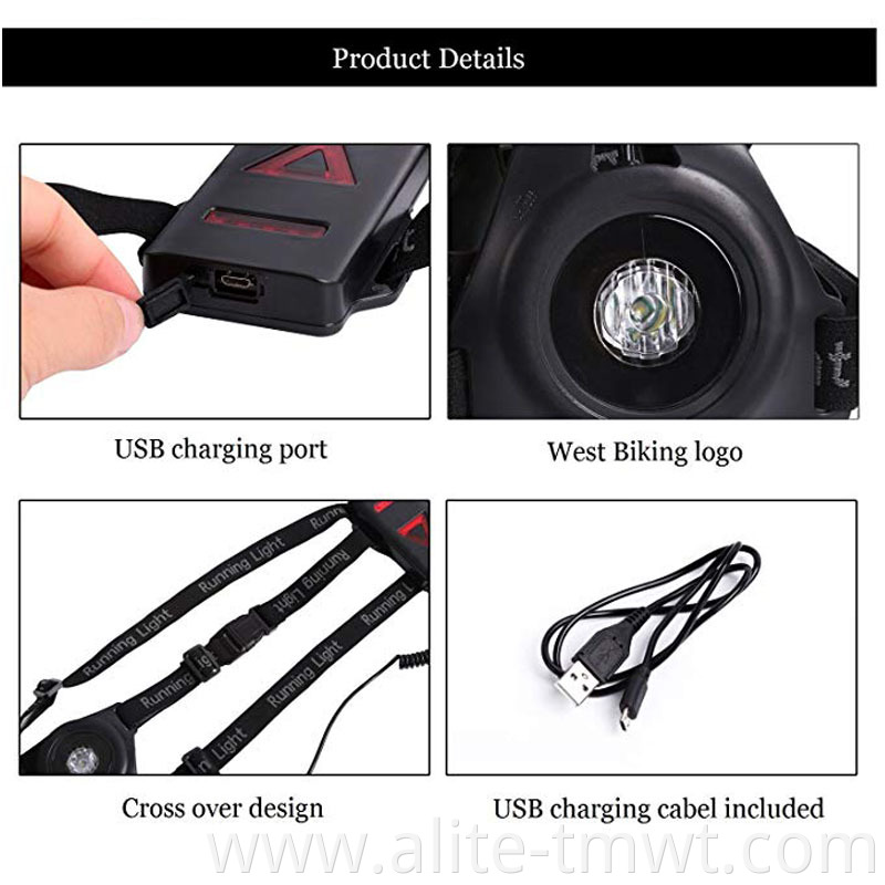 USB Rechargeable Adjustable Strap Night Running Chest Running Light With Warning Triangle Taillight